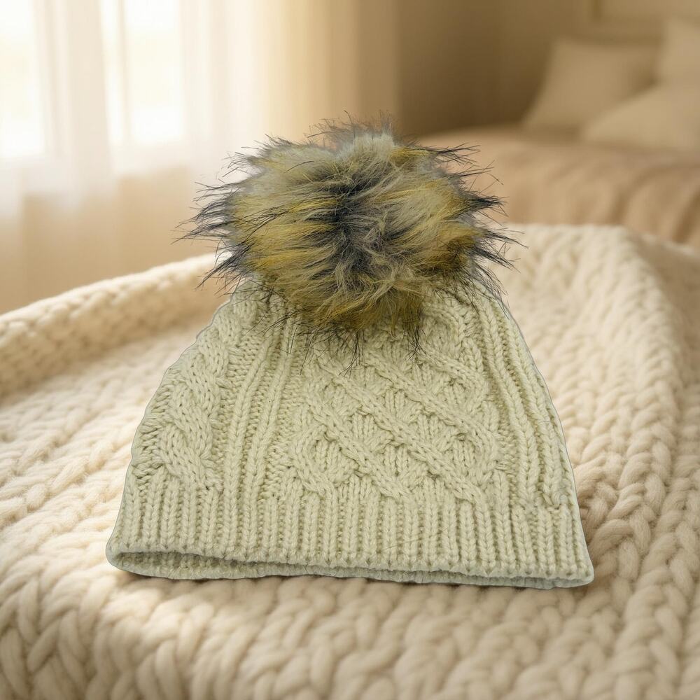 Broner Womens Beanie Pom Hat Cap Cream Cable Knit Winter Warm Chunky Slouch Boho